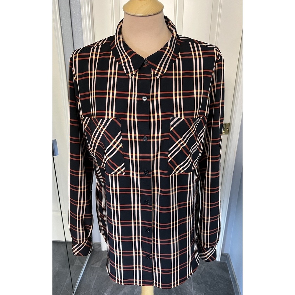 Sanctuary Women's Black Plaid Button Up Blouse Size Large Dark Academia Preppy